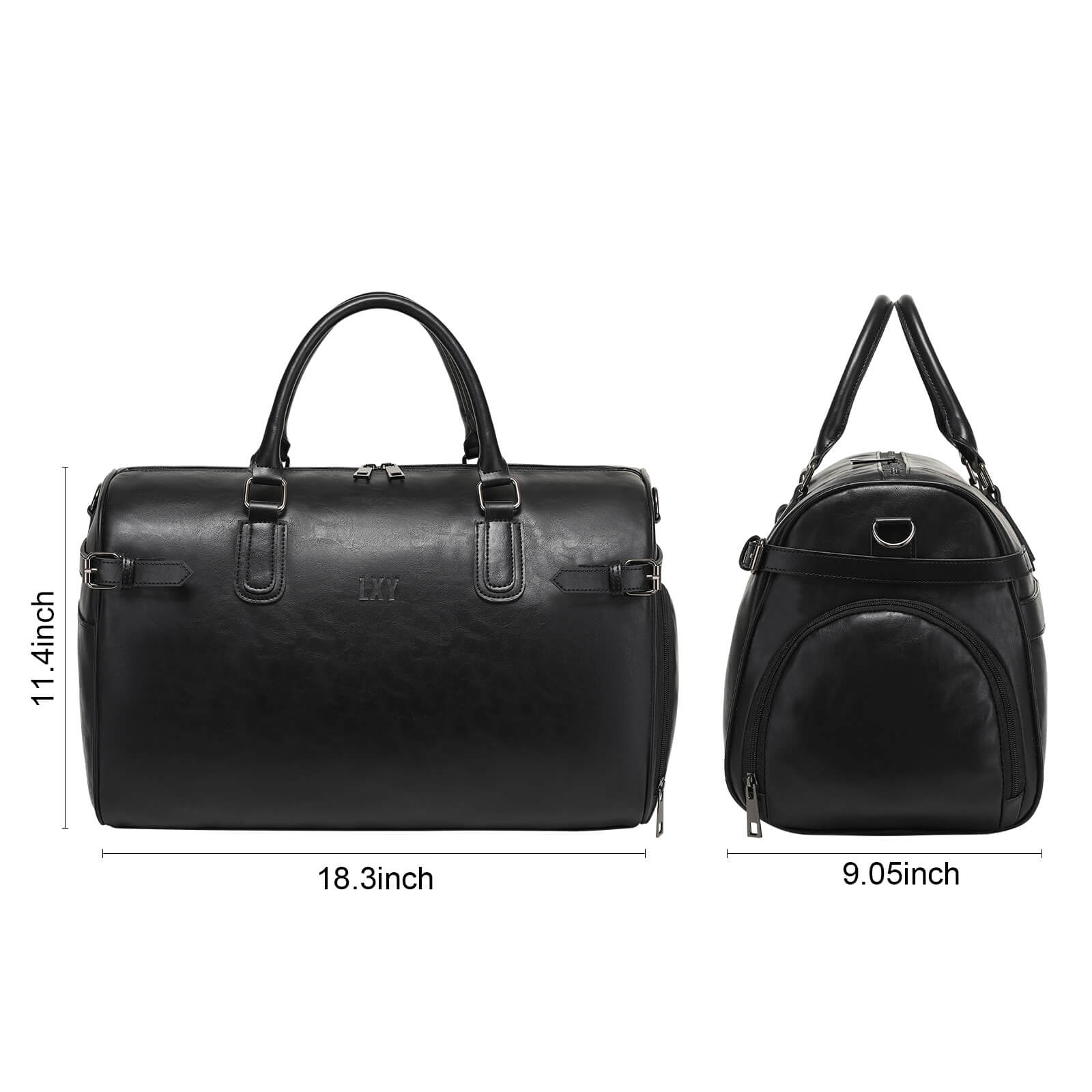 Two black leather bags with measurements on a white background
