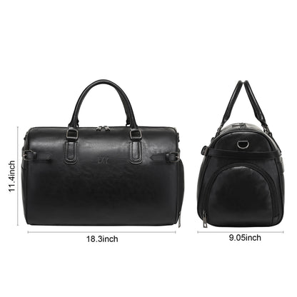 Two black leather bags with measurements on a white background
