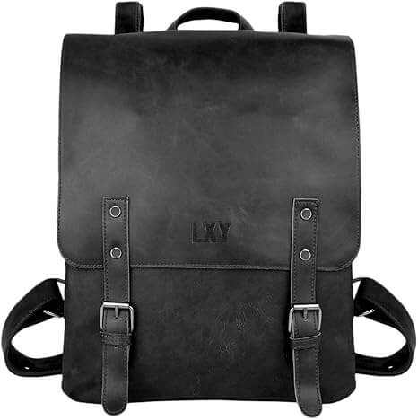 Black leather backpack with visible branding on a white background