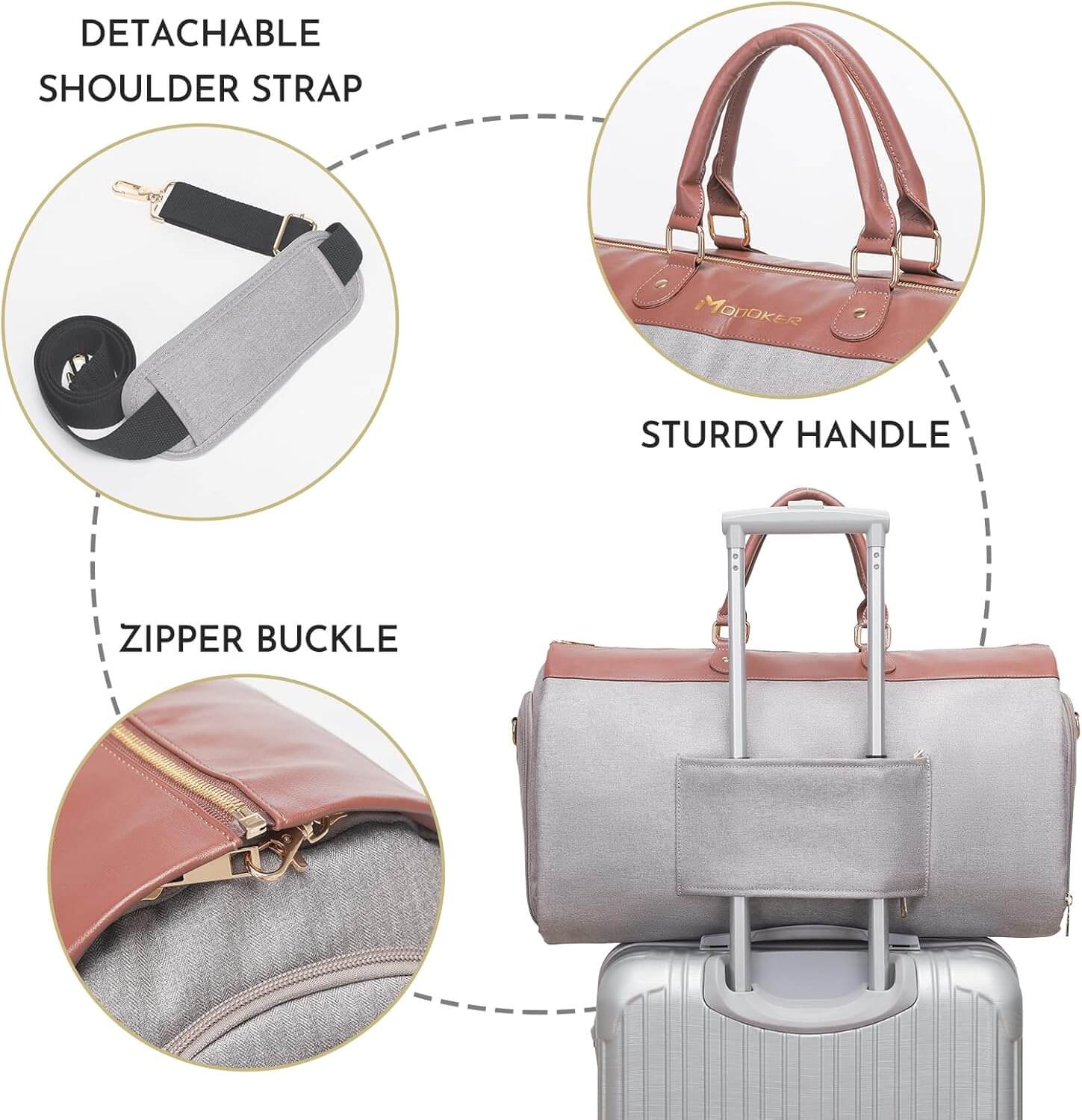 Duffel bag with detachable shoulder strap, sturdy handle, and zipper buckle on a white background.