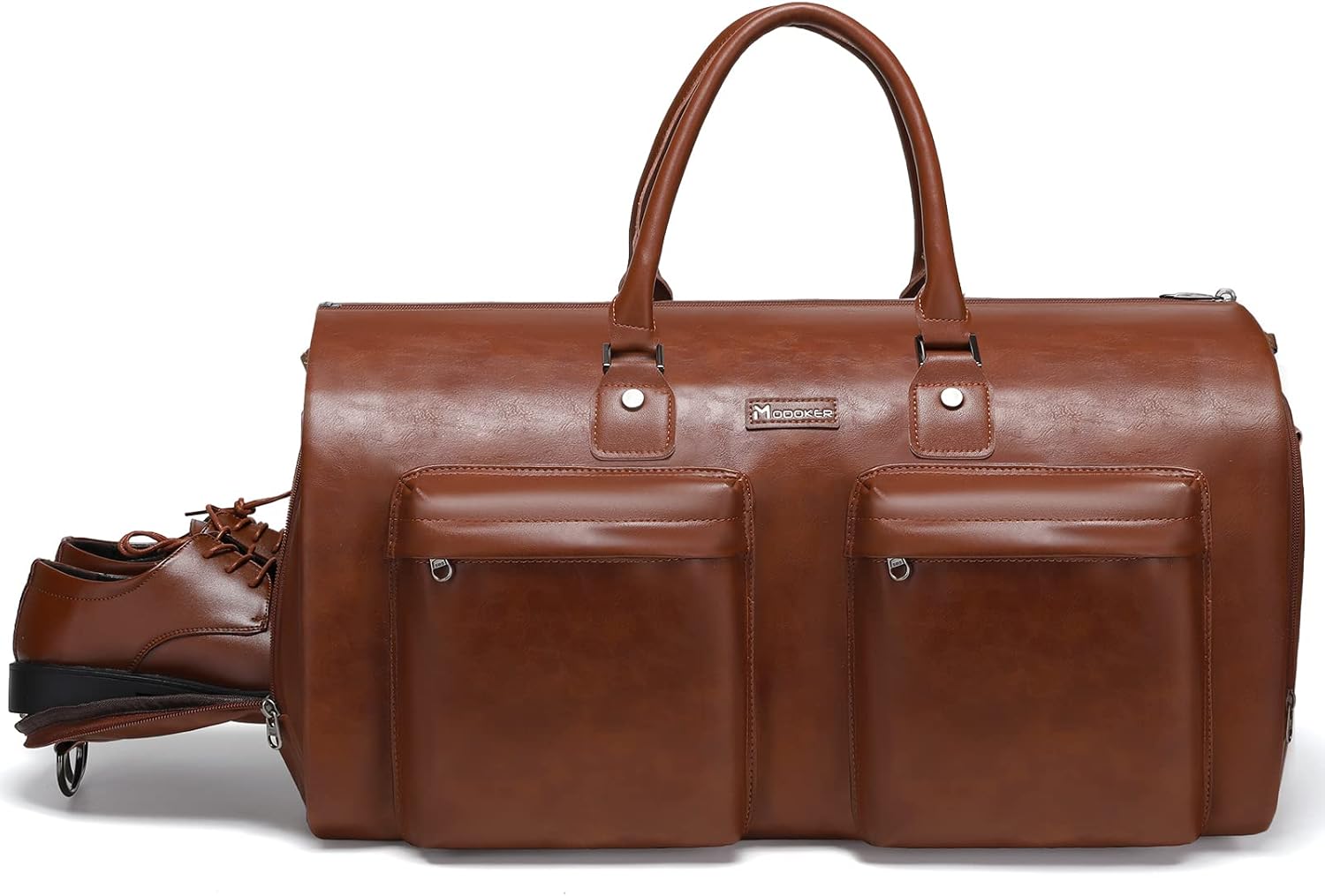Brown leather duffel bag with a shoe on a white background