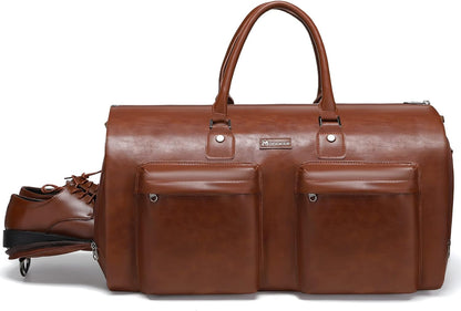 Brown leather duffel bag with a shoe on a white background