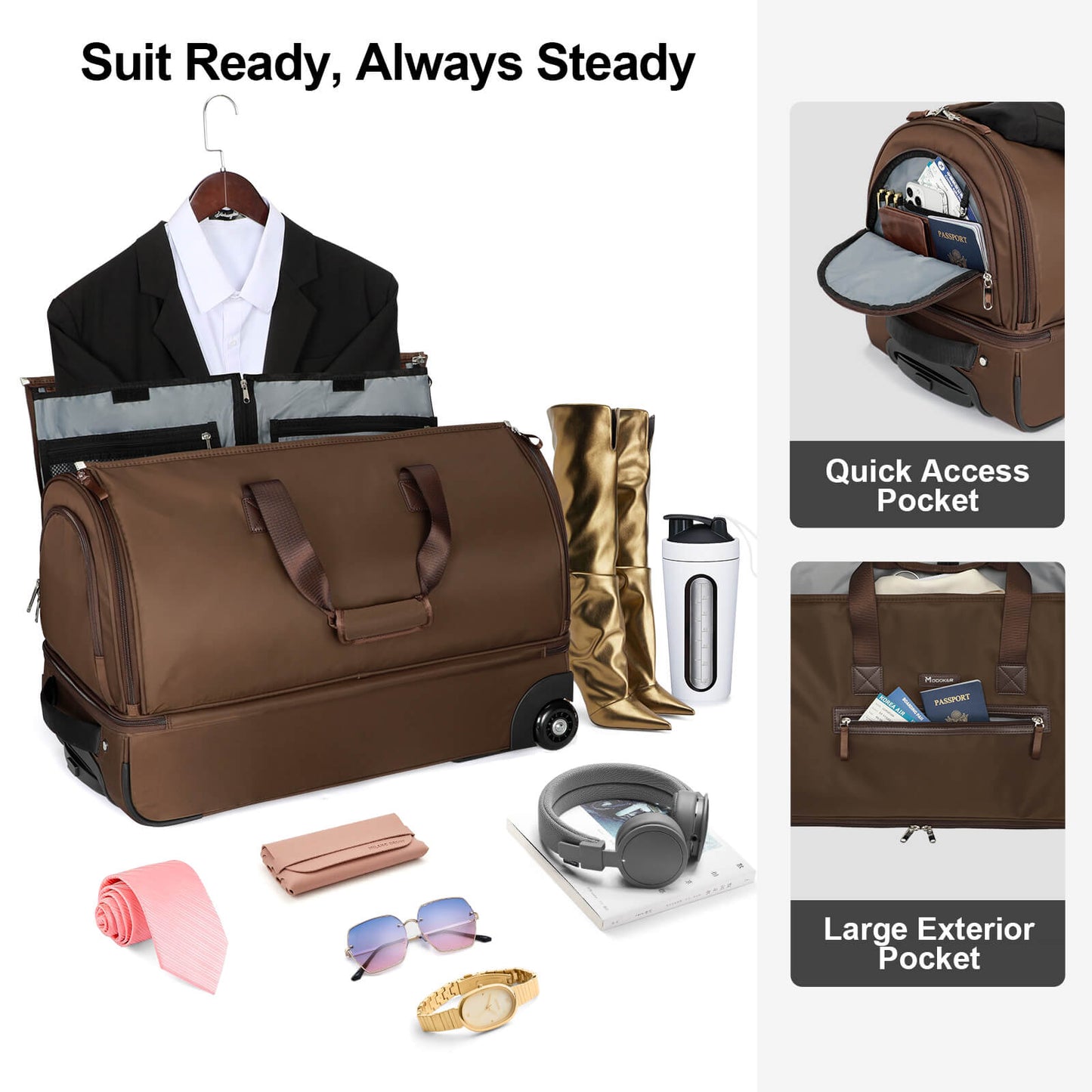 Modoker Convertible Rolling Garment Bag for Travel, Suit Travel Bag with Trolley, Garment Duffel Bag with Wheels & Shoes Compartment for Business Trip, Weekender