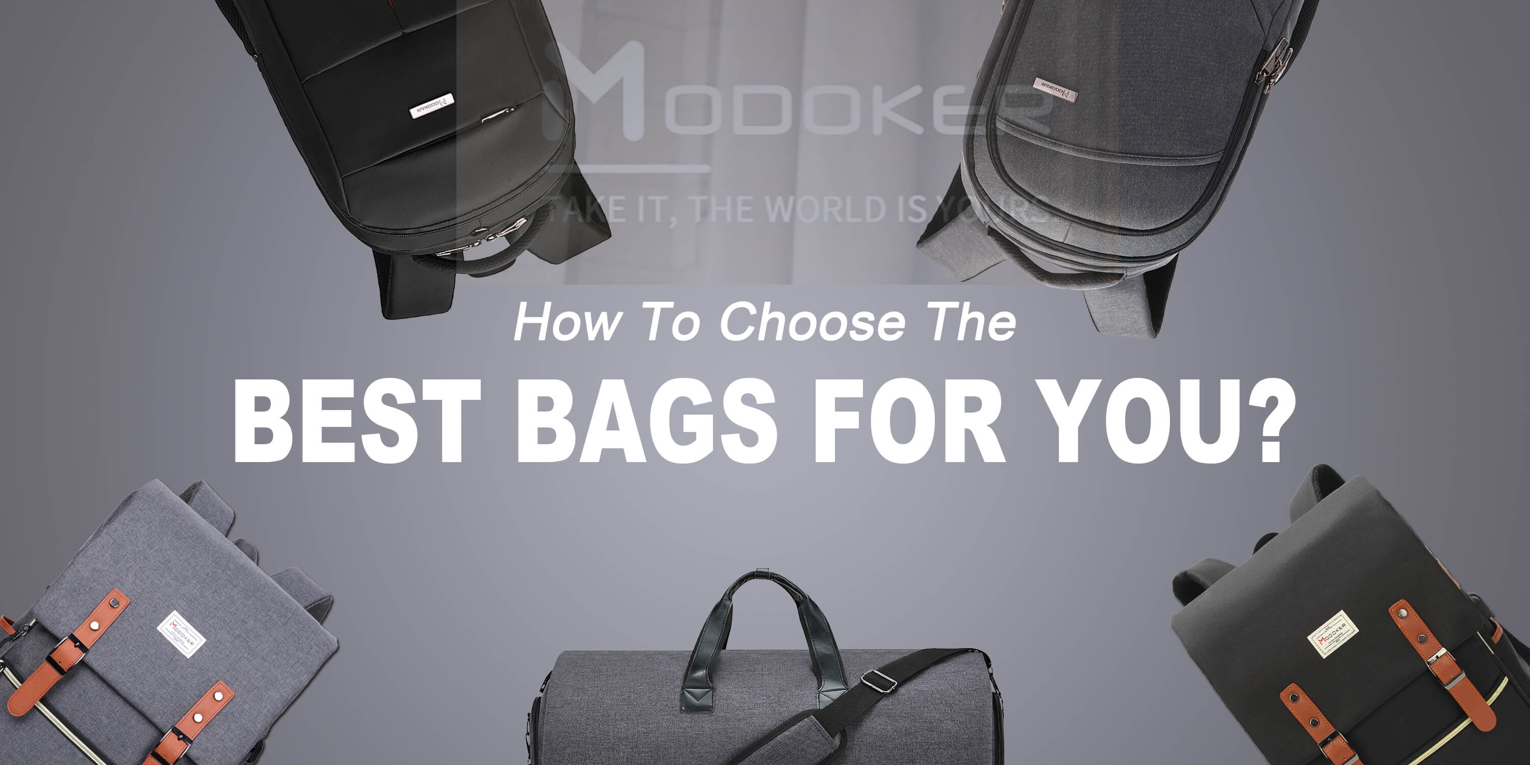 Promotional graphic about choosing the best bags with text and images of bags on a gray background.
