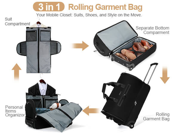 Modoker Convertible Rolling Garment Bag for Travel, Suit Travel Bag with Trolley, Garment Duffel Bag with Wheels & Shoes Compartment for Business Trip, Weekender