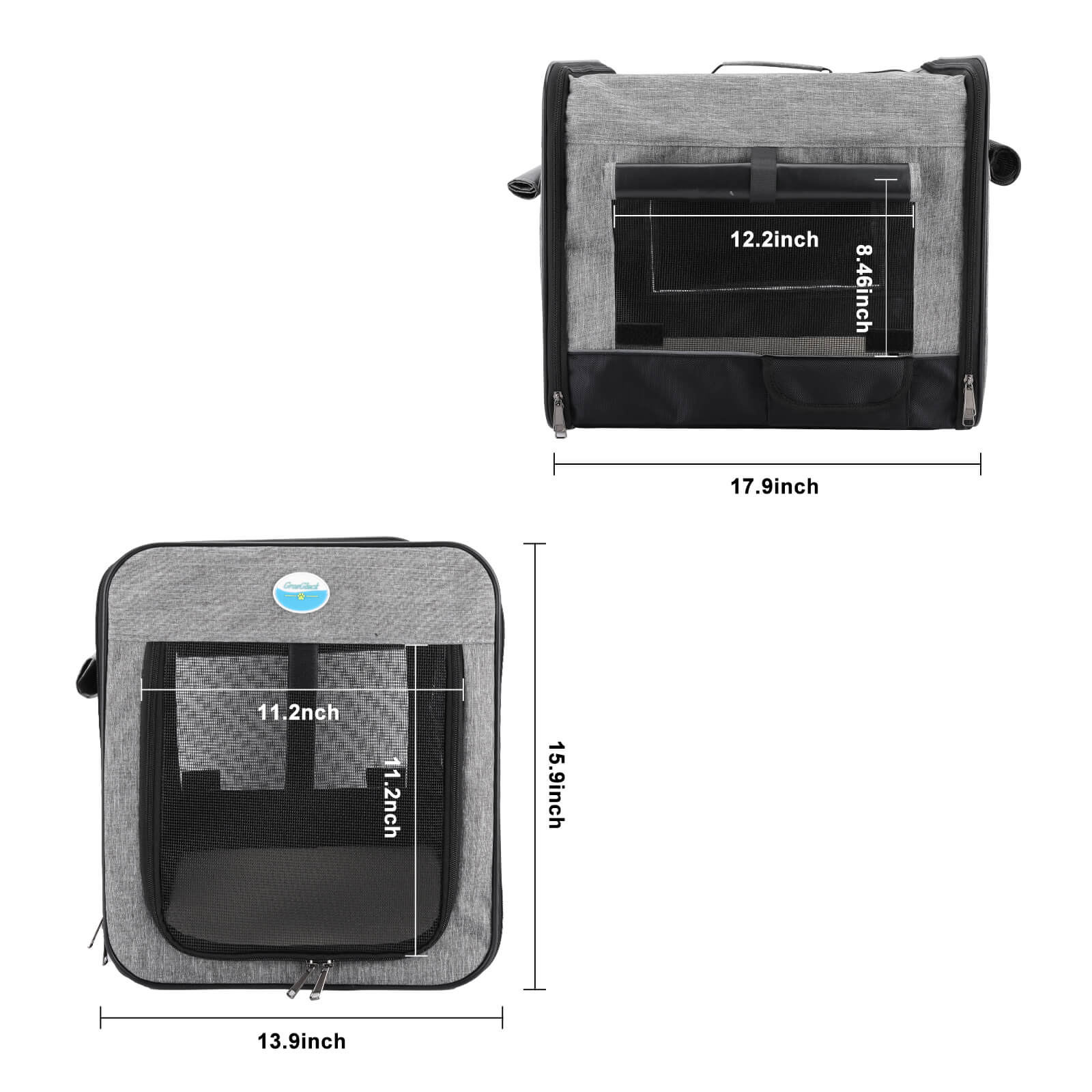 Dimensions of a gray pet carrier with measurements indicated.