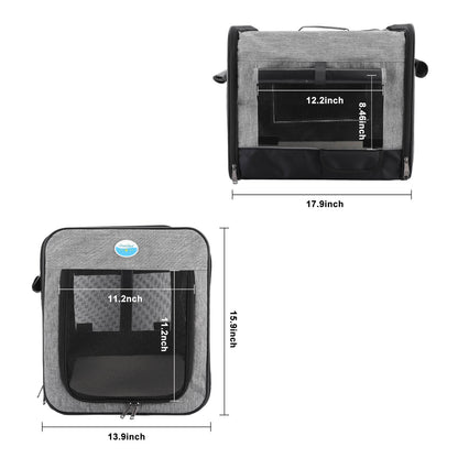 Dimensions of a gray pet carrier with measurements indicated.