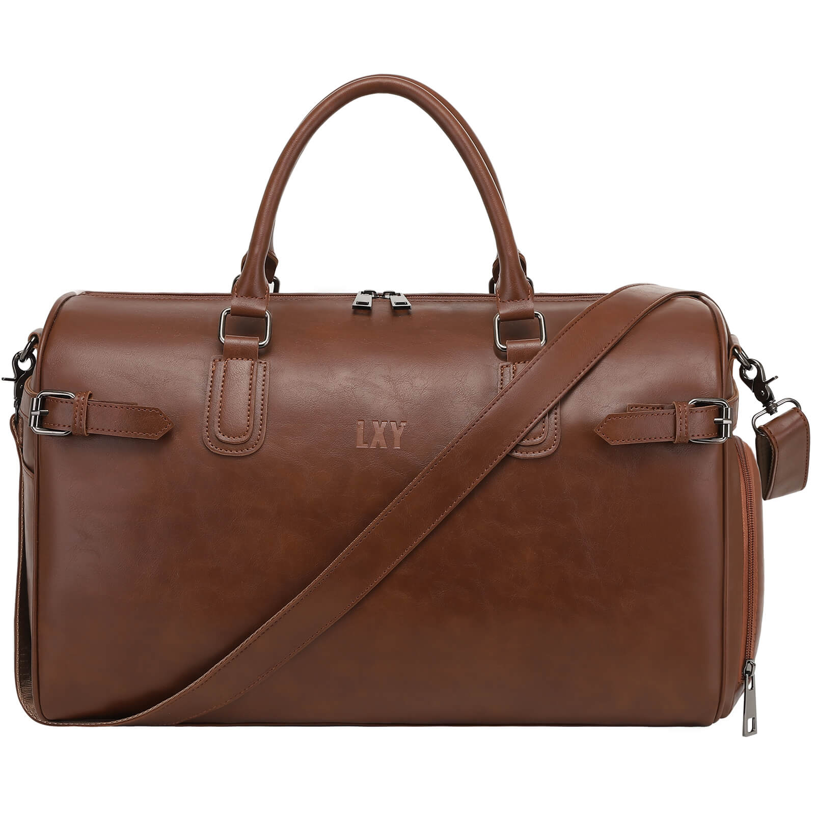 Brown leather duffel bag with a shoulder strap on a white background