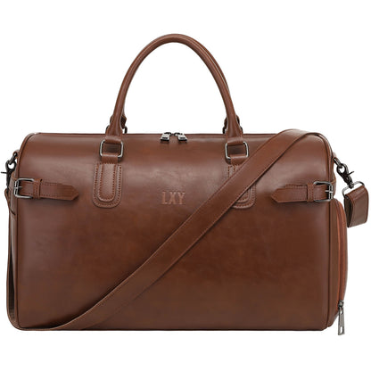 Brown leather duffel bag with a shoulder strap on a white background