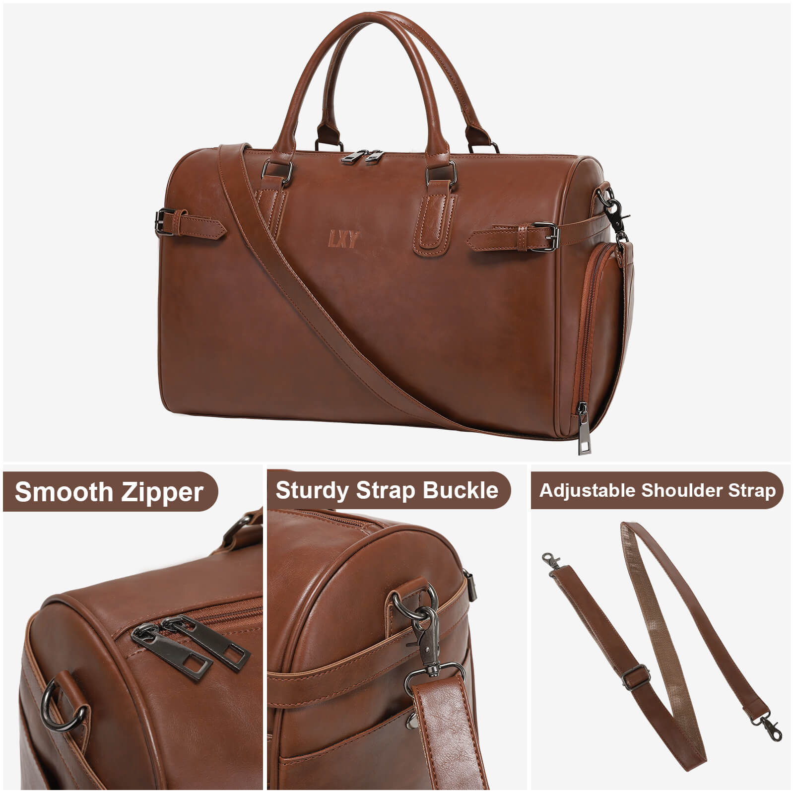 Brown leather bag with features highlighted on a white background