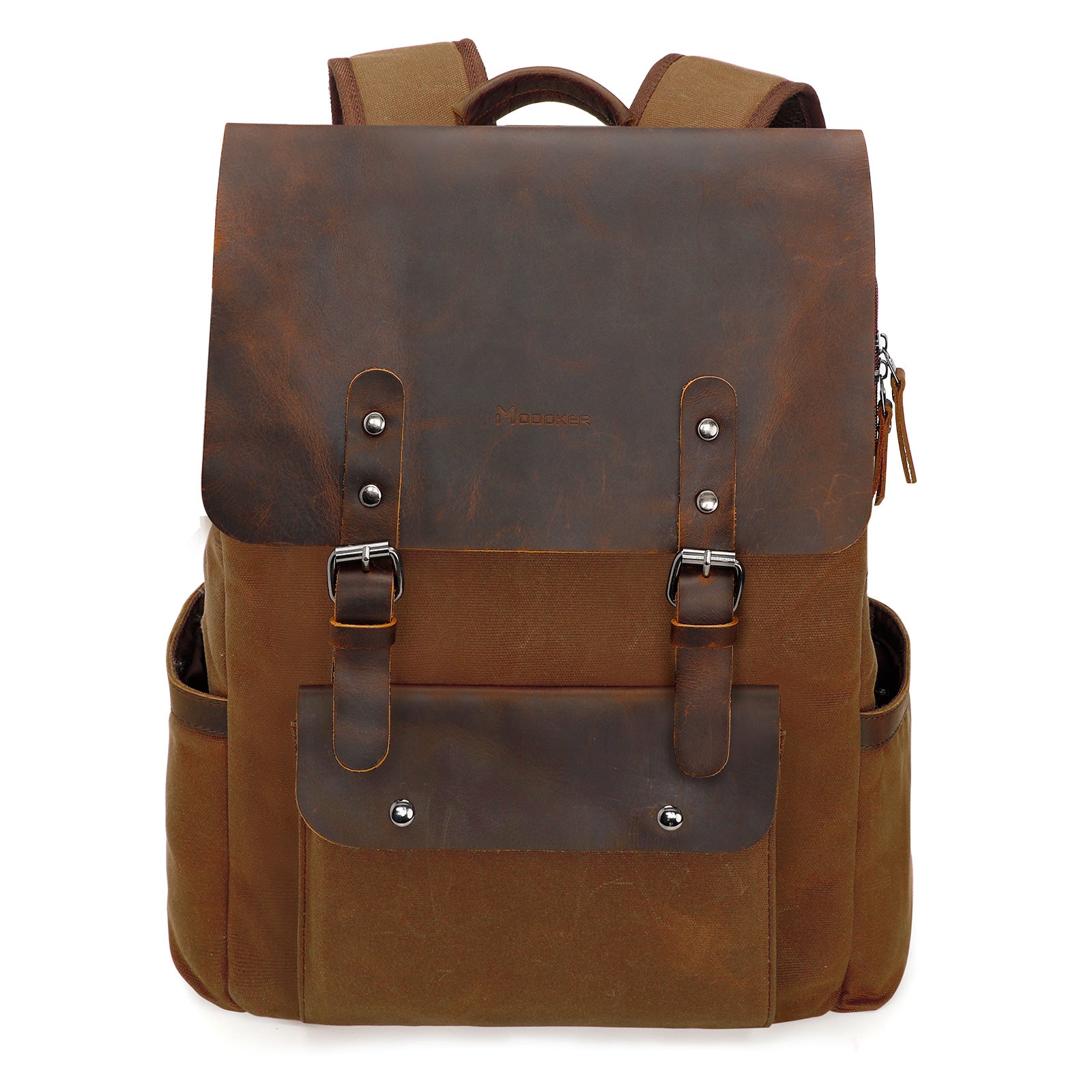 Brown leather backpack with silver buckles on a white background