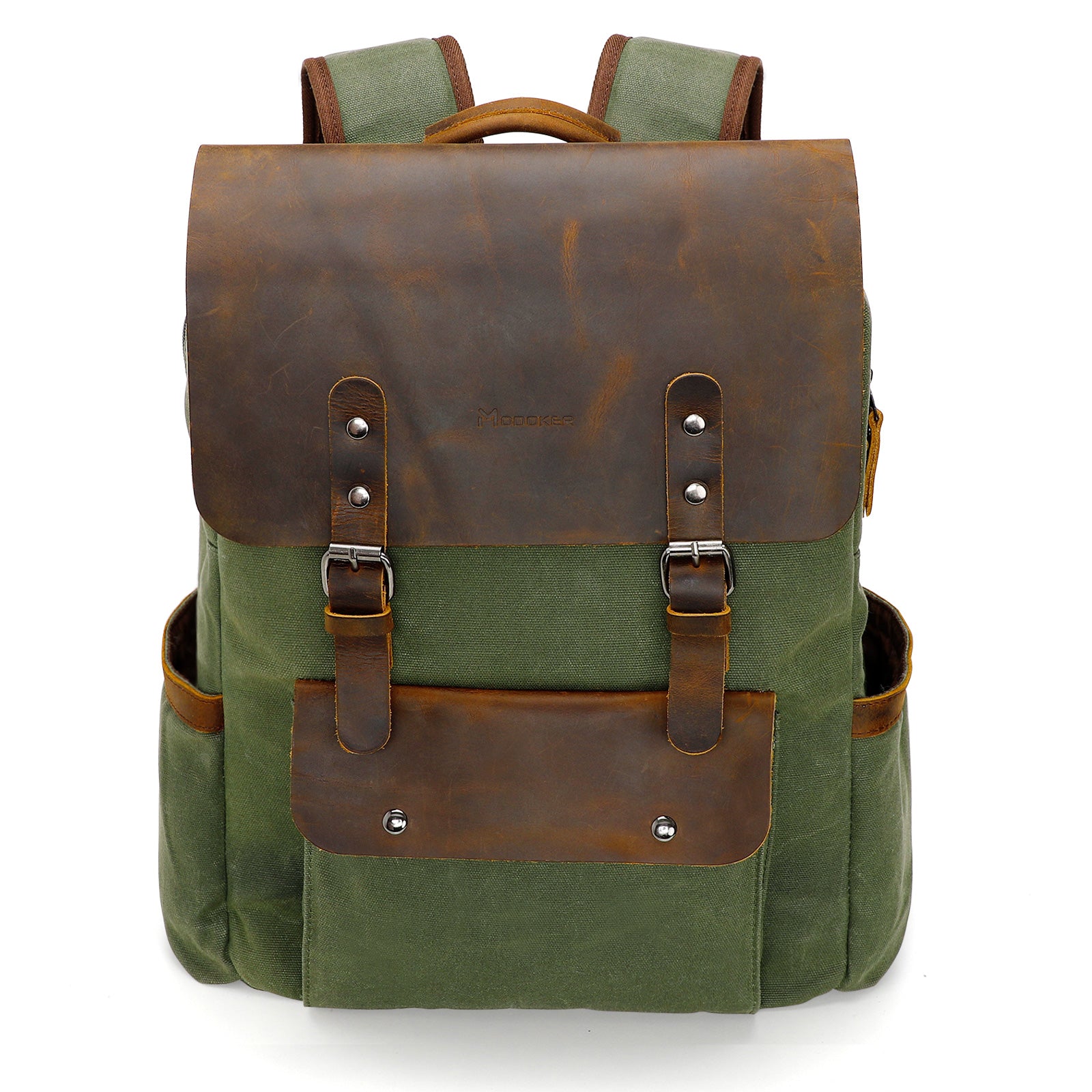 Green backpack with brown leather straps and accents on a white background