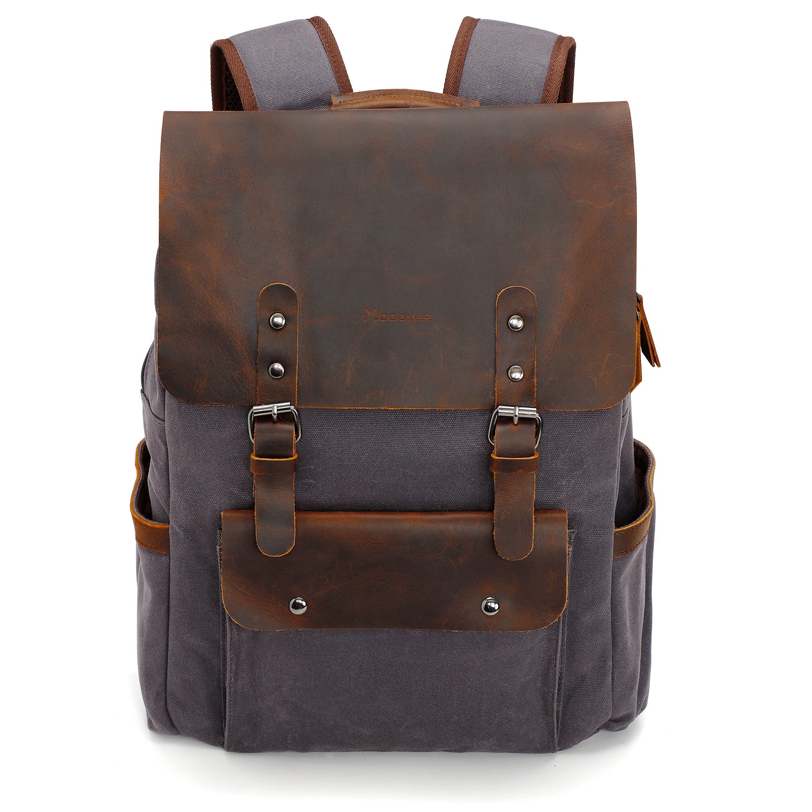Gray and brown backpack with leather accents on a white background