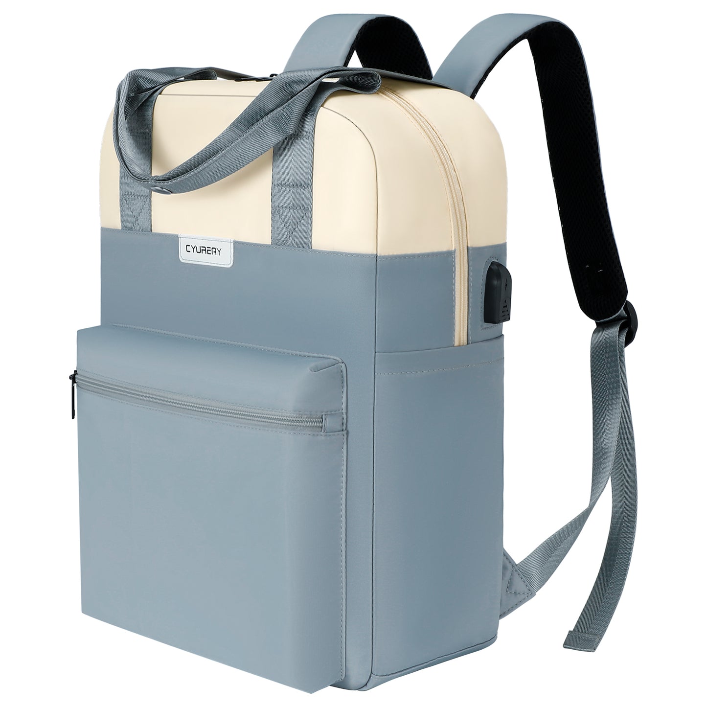 Two-toned backpack with beige top section and gray bottom section on a white background