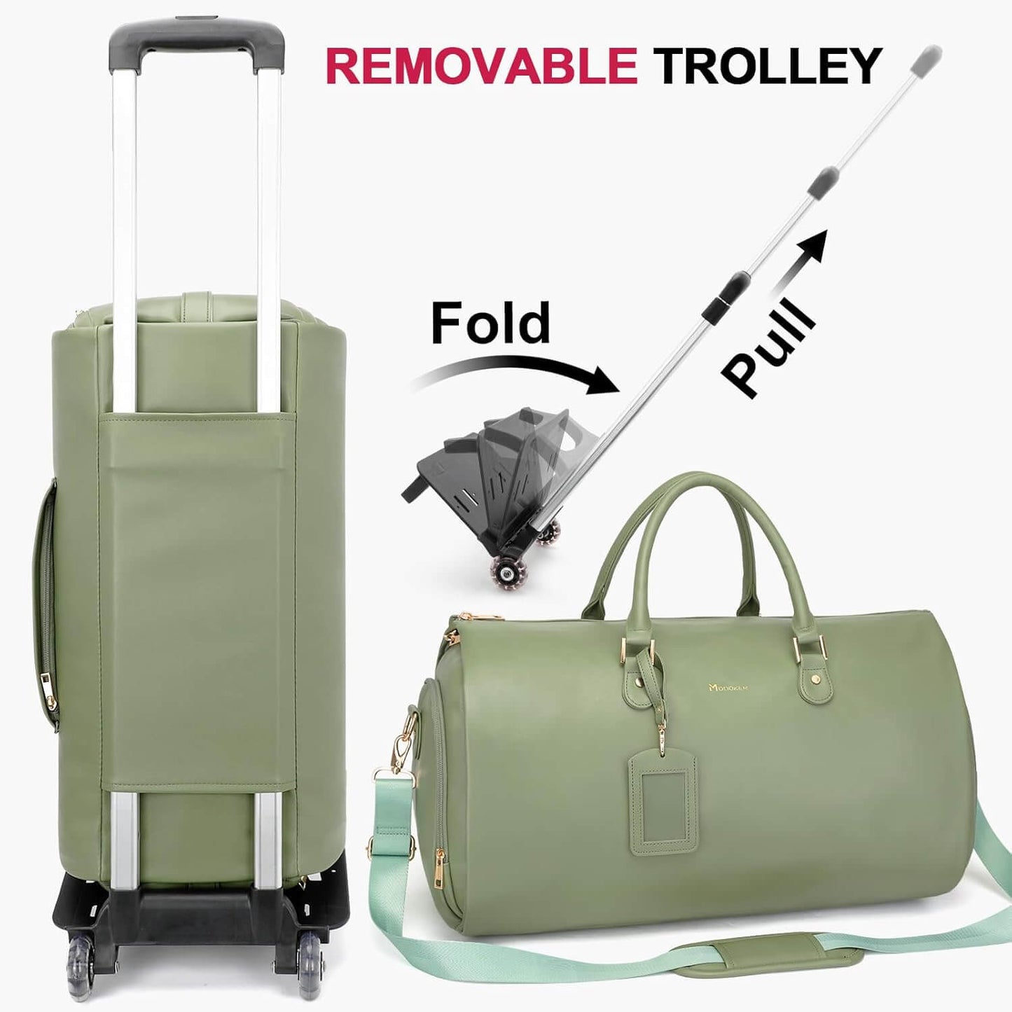 Modoker Rolling Garment Bags with Wheels, Women Garment Duffel Bag for Travel, PU Leather Convertible Garment Bag with Trollery Suit Luggage Bag