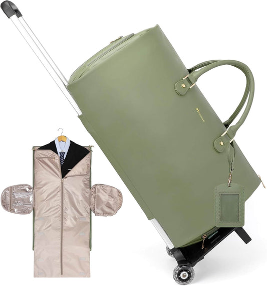 Modoker Rolling Garment Bags with Wheels, Women Garment Duffel Bag for Travel, PU Leather Convertible Garment Bag with Trollery Suit Luggage Bag