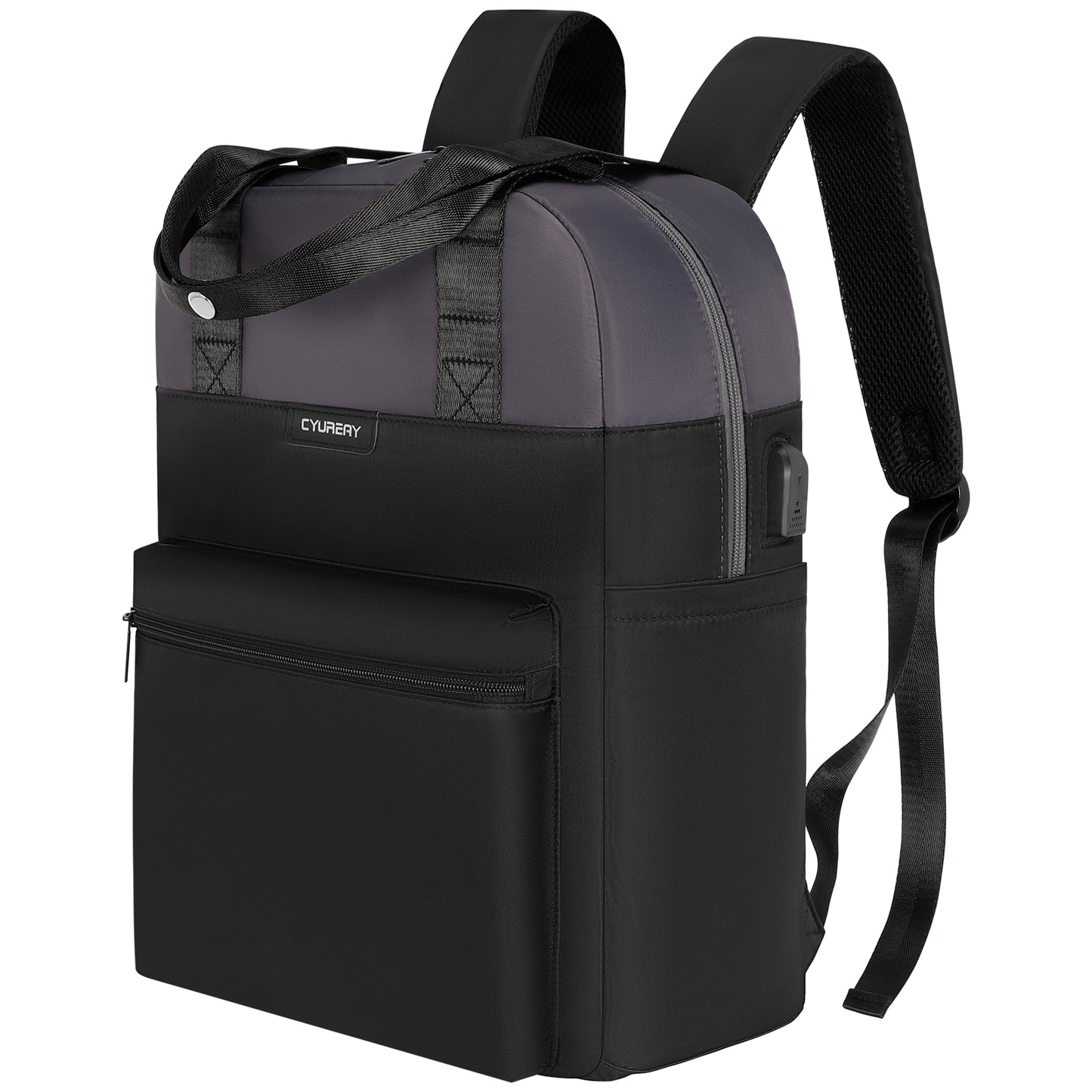 Black and gray backpack with a visible brand logo on a white background