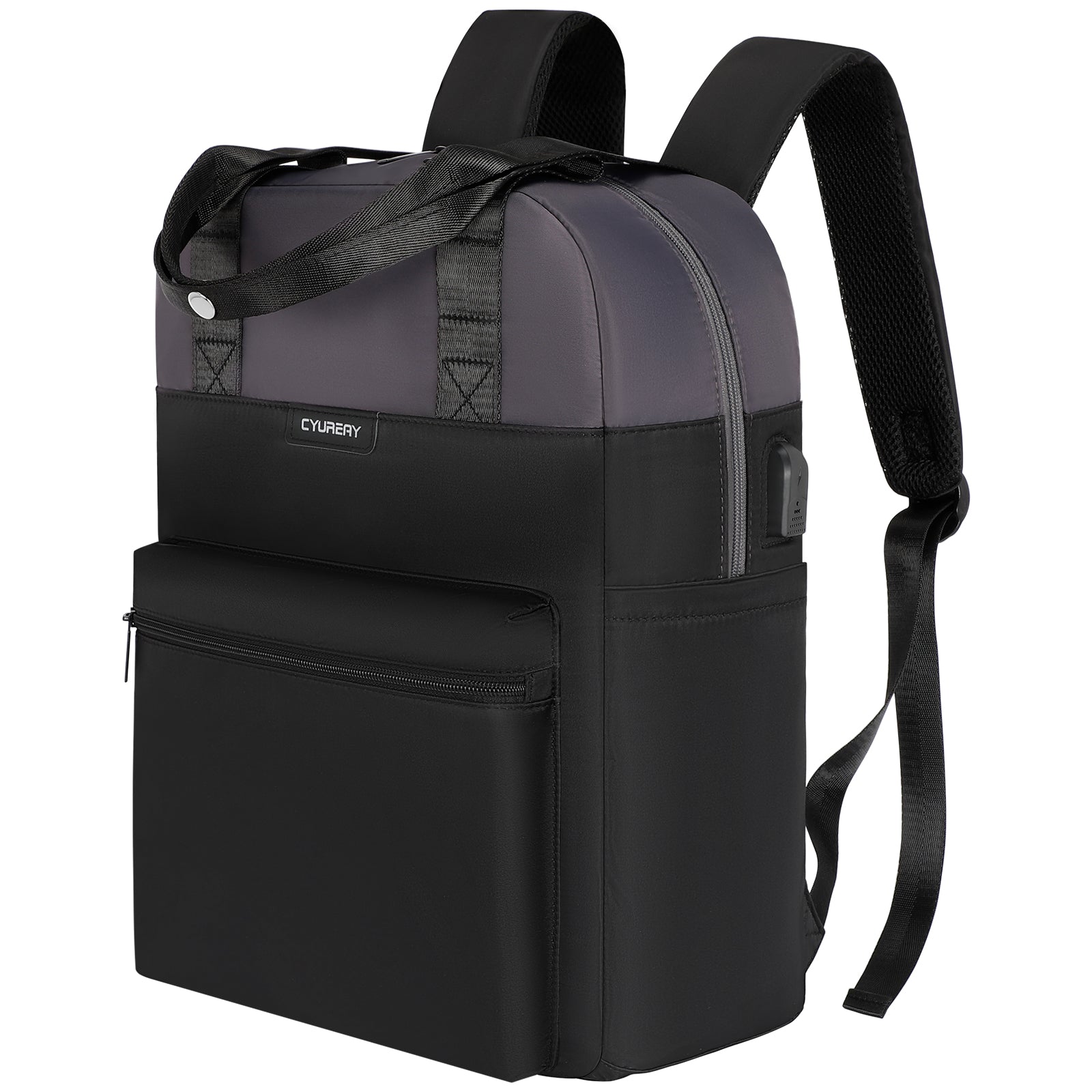 Black and gray backpack with a visible brand logo on a white background