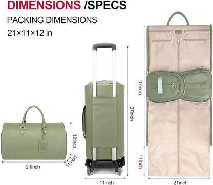 Modoker Rolling Garment Bags with Wheels, Women Garment Duffel Bag for Travel, PU Leather Convertible Garment Bag with Trollery Suit Luggage Bag