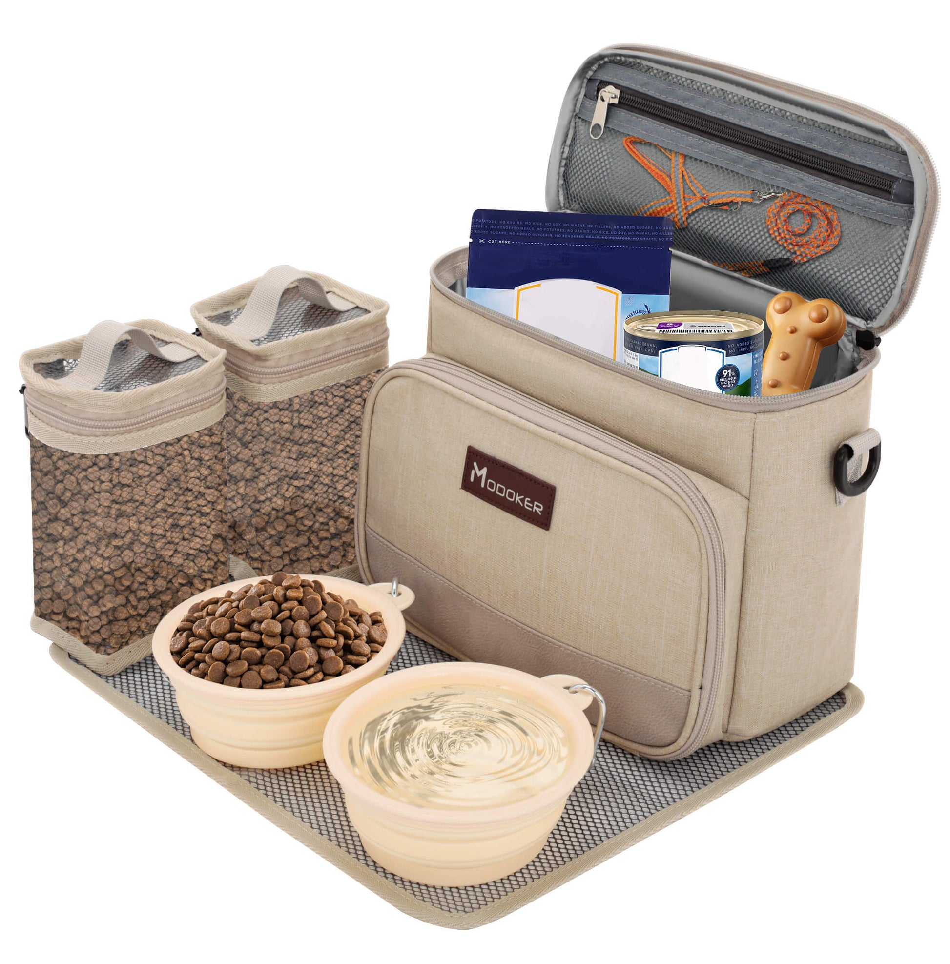 Pet travel bag with pet food, water, and supplies on a white background