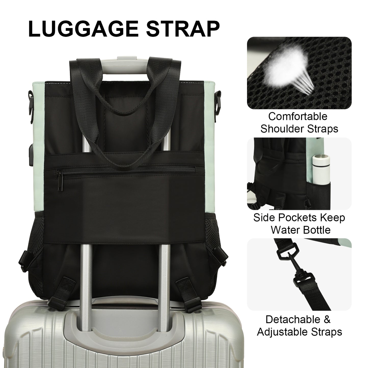 Luggage strap with shoulder straps, side pockets, and detachable adjustable straps on a suitcase.