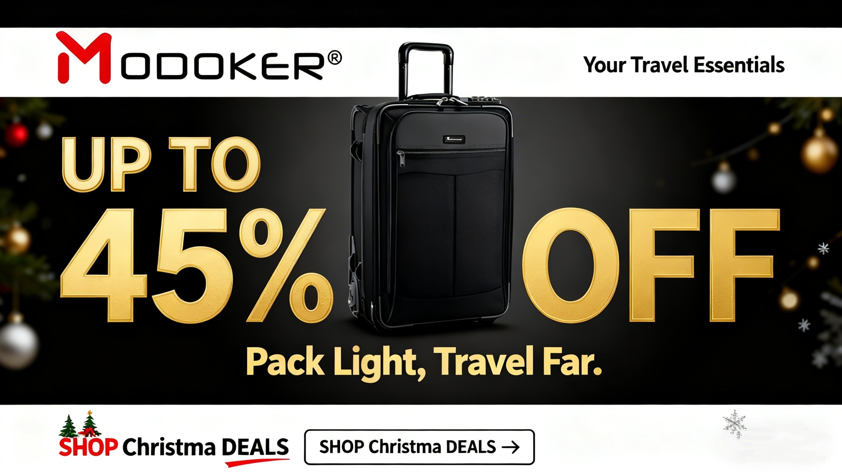 Black suitcase with promotional text for Modoker travel essentials on a black background with gold accents.