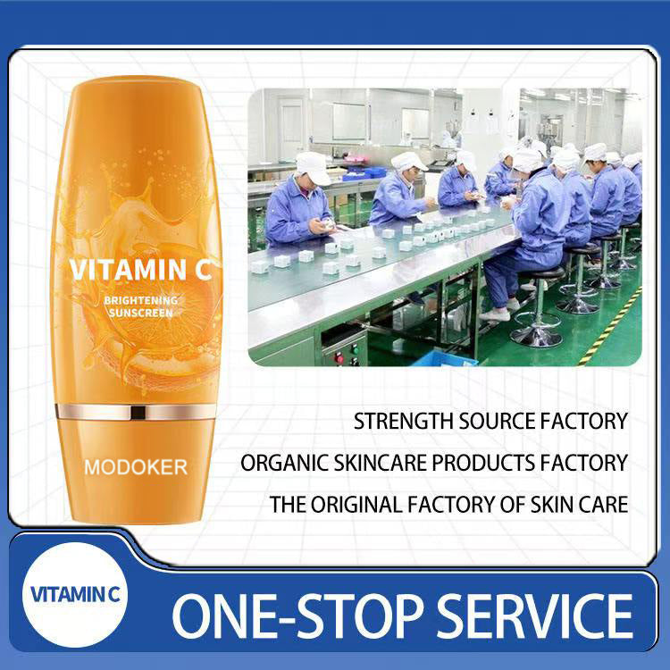 Orange skincare product with factory workers in the background, labeled 'Modoker'.