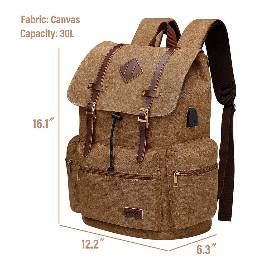 Canvas Leather Laptop Backpack with USB Charging Port - Modoker